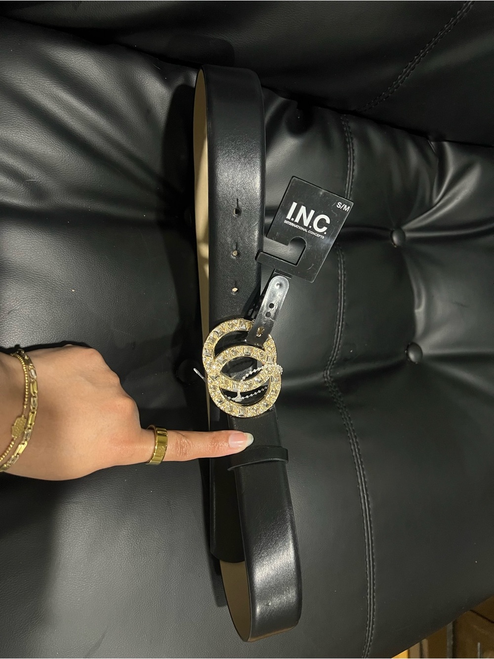 INC International Concepts Black Belt with Gold Crystal Interlocking Buckle